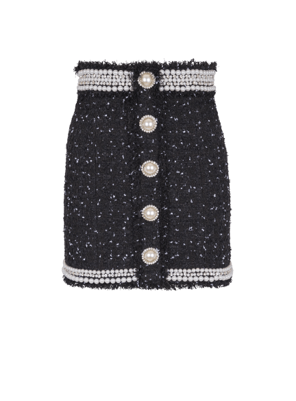 Short embroidered polka-dot tweed skirt
