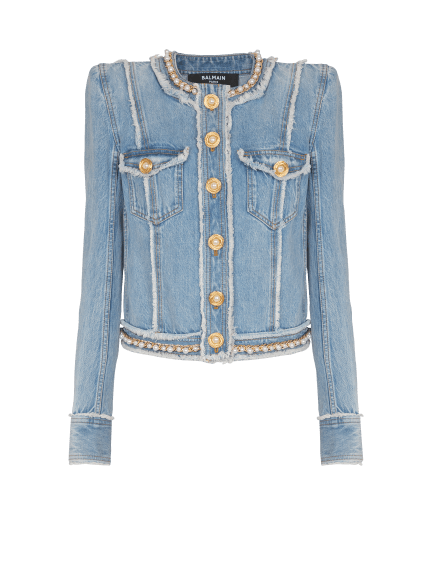 Denim jacket with pearl trim