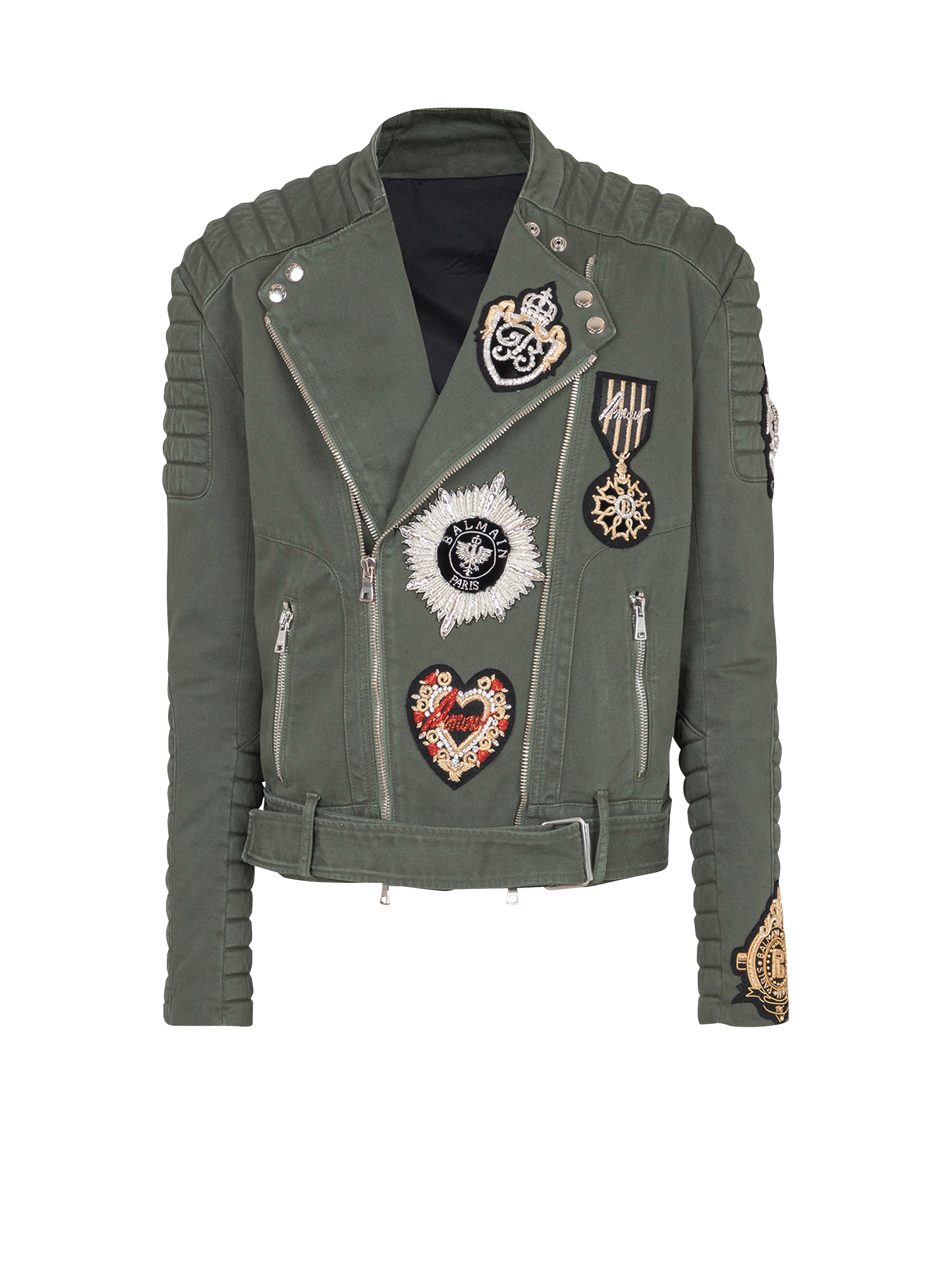 Veste biker en denim à patchs brodés