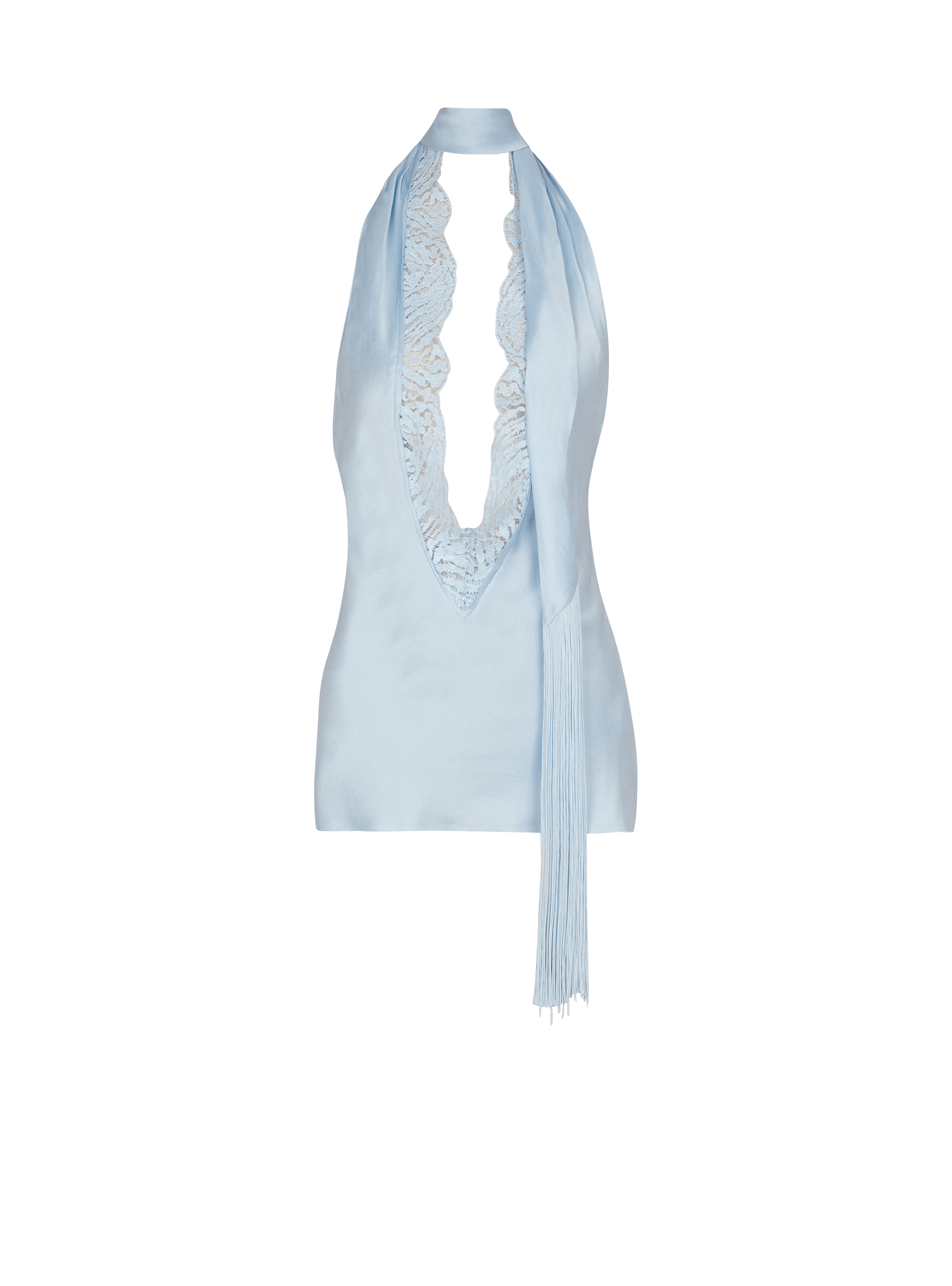 Top dos-nu en satin à franges