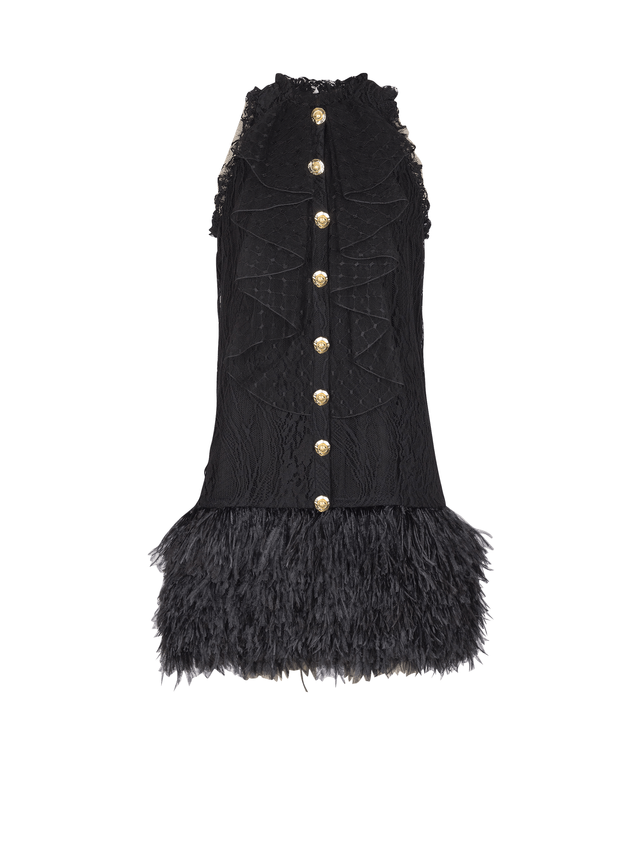 Flowing lace and feather dress