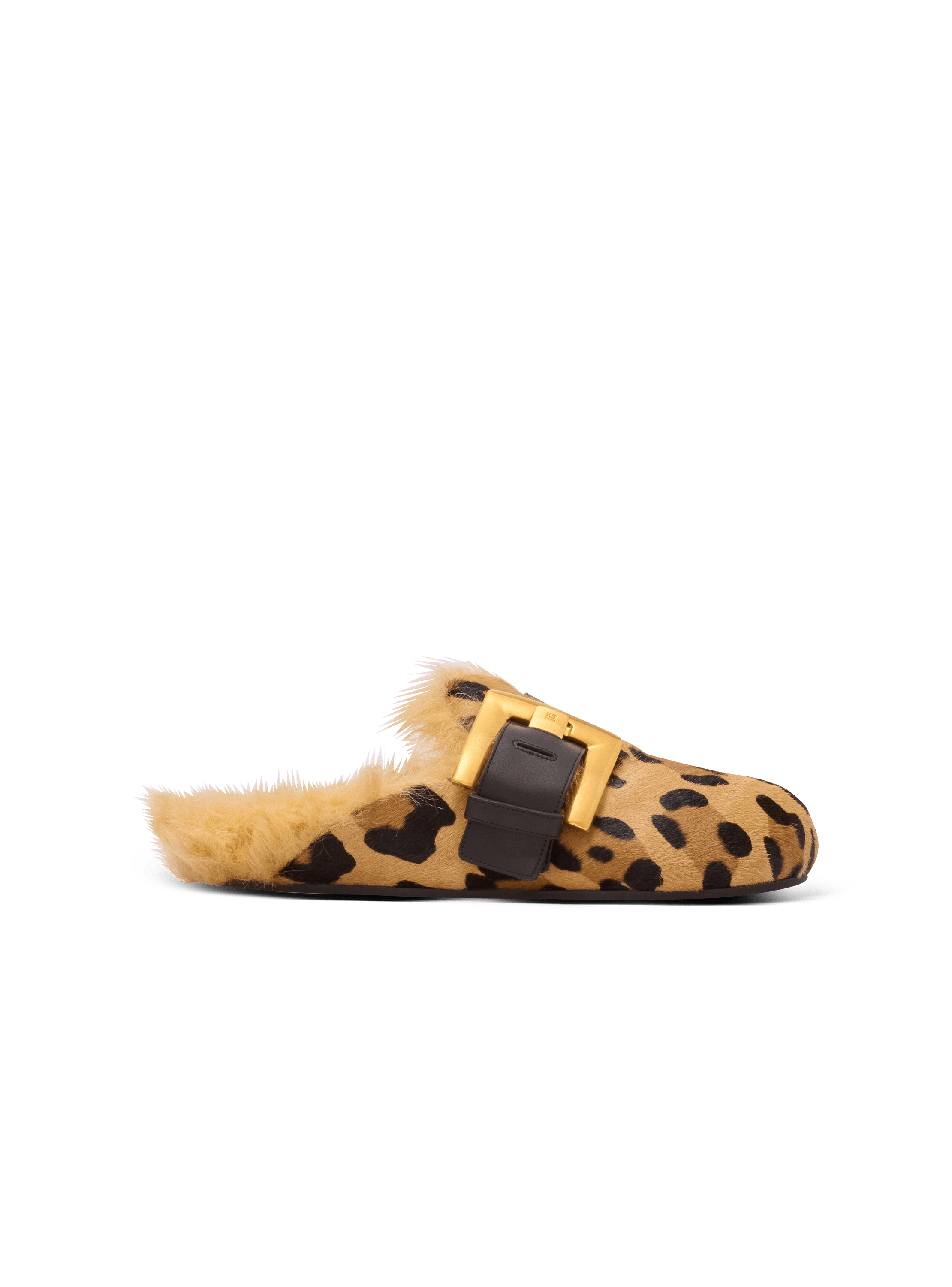Anthem leopard print ponyskin leather and faux fur mules